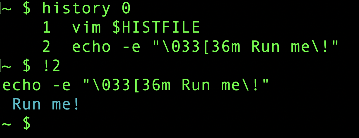'history 0' command example use